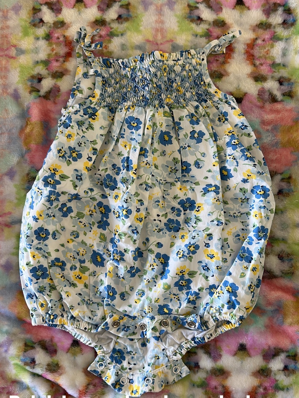 Ralph Lauren White Floral Smocked Bubble Romper with Blue & Yellow Flowers